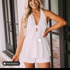 White Halter Neck Romper with adjustable front tie